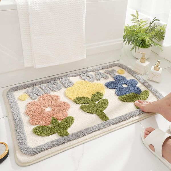ABC Rutschfester Badteppich, weicher Mikrofaser-Badeteppich, geeignet für Badezimmer, Küchen, Schlafzimmer und Türen (doppeltes Blumenmuster