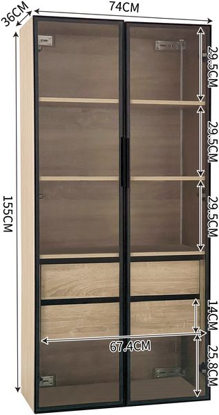Flieks 2er-Set Hochschrank 74x36x155 cm, Aufbewahrungsschrank mit LED-Lichtleiste, Milchglastüren, 2 Schubladen, Vitrine & Badschrank, Naturholzfarbe Bild 3