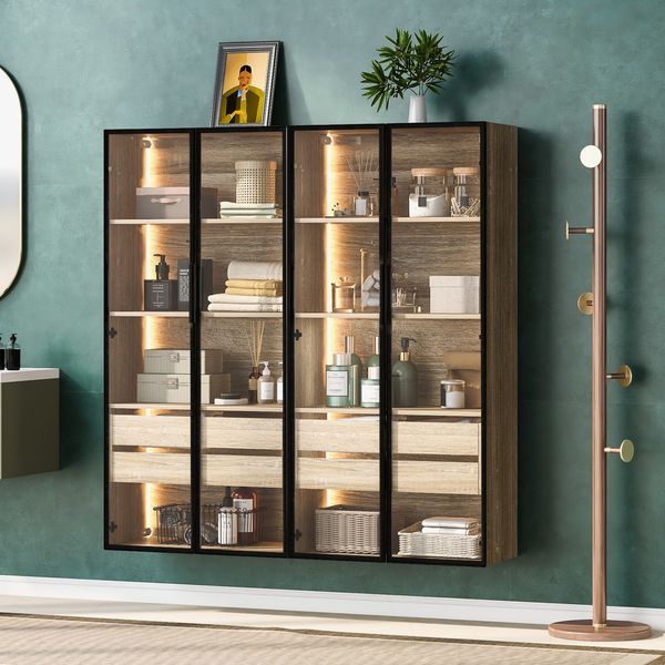 Flieks 2er-Set Hochschrank 74 x 36 x 155 cm, Aufbewahrungsschrank mit LED-Lichtleiste, Milchglastüren, 2 Schubladen, Vitrine & Badschrank, Naturholzfarbe