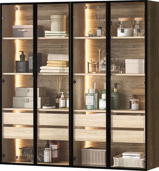 Flieks 2er-Set Hochschrank 74x36x155 cm, Aufbewahrungsschrank mit LED-Lichtleiste, Milchglastüren, 2 Schubladen, Vitrine & Badschrank, Naturholzfarbe Bild 10