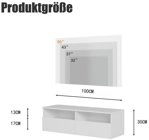 radelldar Lowboard mit LED-Beleuchtung, TV-Schrank, hängend (1 St), 100 cm breit, griffloses TV-Board, 2 Schubladen mit Acryl