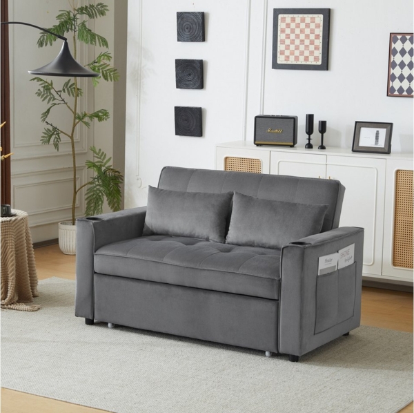 i@home Schlafsofa, Multifunktionssofa mit Schlaffunktion, Schlafsofa mit Getränkehalter und Kissen, Rückenlehne neigbar 105°/140°/180°, geeignet für Wohnzimmer, Schlafzimmer, Heimkino-Wohnung, Grau Bild 3