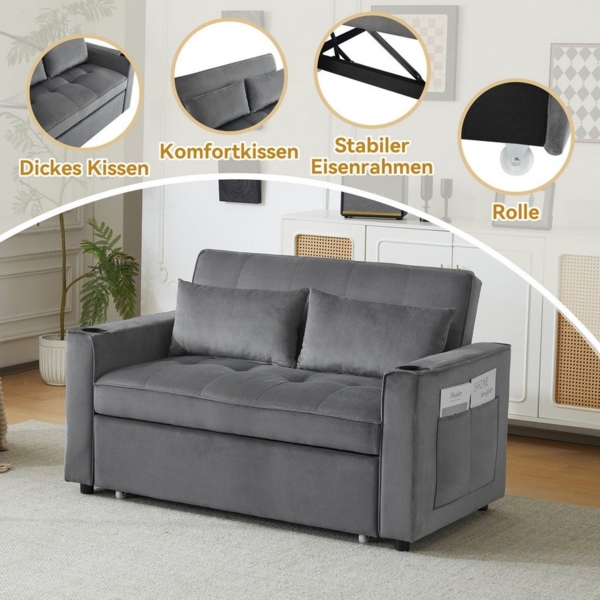 i@home Schlafsofa, Multifunktionssofa mit Schlaffunktion, Schlafsofa mit Getränkehalter und Kissen, Rückenlehne neigbar 105°/140°/180°, geeignet für Wohnzimmer, Schlafzimmer, Heimkino-Wohnung, Grau Bild 2