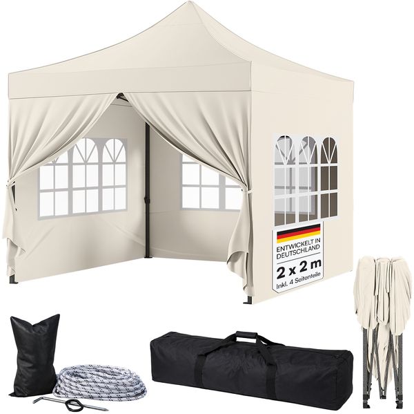 STEELSØN 'Rynara' Pavillon 2x2 m, beige, wasserdicht, stabil und UV-beständig, Faltpavillon 3-fach höhenverstellbar, Gartenpavillon mit 4 Seitenteilen, Pop Up Pavillon inkl. Tragetasche