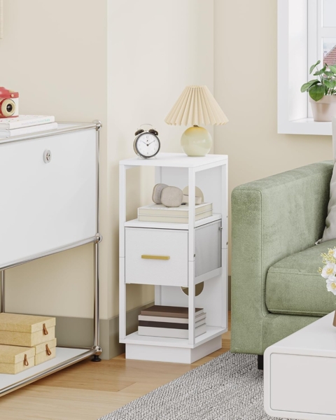 Nachttisch 2er Set, Beistelltisch mit Offenes Fach, Nachttisch Schmal mit 1 Stoffschublade, Modern, für Schlafzimmer, Wohnzimmer, 30 x 24 x 60 cm, Weiß