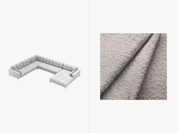 Micadoni Wohnlandschaft Mamaia 7-Sitzer Links Boucle Baloo Hellgrau goldene Beine