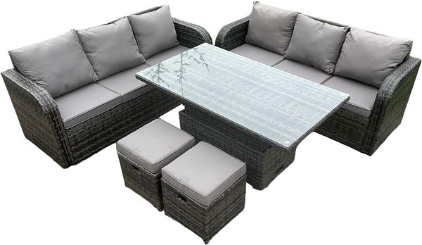 Fimous 8-Sitzer-Rattan-Gartenmöbel-Sets Höhenverstellbarer aufsteigender Esstisch-Sofa-Satz mit 2-kleinen Fußhockern Dunkelgrau gemischt