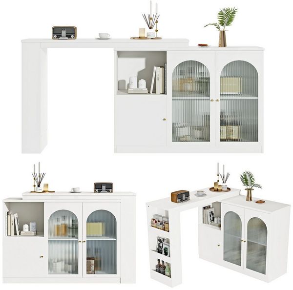 HAUSS SPOLE Bartisch 360° drehbarer Bartisch mit Changhong-Glastür für Küche weiß (rotierender Ess-Barschrank, multifunktionaler Aufbewahrungsschrank, 3 Türen), mit Glastür, für Küche und Esszimmer
