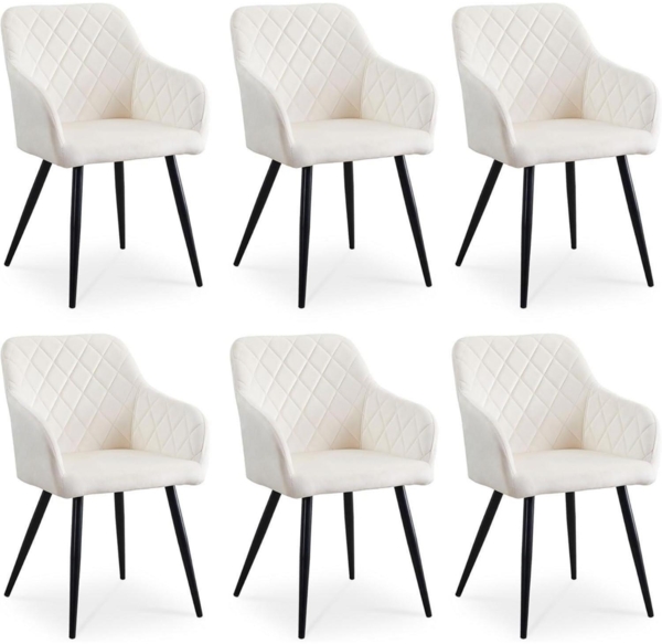 Set of 6 CLIPOP Velvet Dining Chairs with Armrests White - Metal Legs Velvet