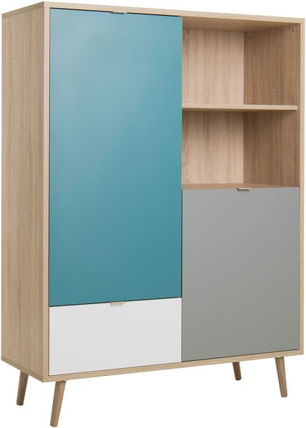 Finori Cuba 53 Highboard, Dekor Sonoma Eiche / Tricolor | Highboard für Wohnzimmer | Maß: B x H x T ca. 103 x 139 x 40 cm | Highboard mit 2 Türen (dahinter je 1 Einlegeboden), 2 offene Fächer und 1 Schubkasten