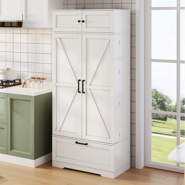Odikalo Sideboard Küchenschrank Küchenbuffet Hochschrank Weiss (80×40×180cm großer,freistehender Küchenaufbewahrungsschrank mit verstellbaren Einlegeböden,Schubladen,Weinregal und Türen mit Einlegeböden. Geeignet für Esszimmer und Wohnbereiche. Industr...