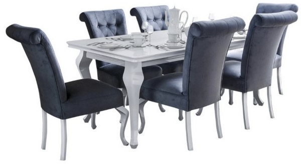 Deine Möbel 24 Essgruppe LUISE Tischgruppe Glamour Tisch mit 4 / 6 Stühlen Esszimmer, (Graphit Anthrazit Dunkelgrau Grau Beige Schwarz, 7-tlg, Wohnzimmer, Esstisch aus Massivholz), in Weiß hochglanz Stühle in Samt Velour 140x80x180 170x90x210 Bild 4