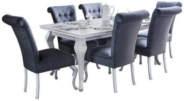 Deine Möbel 24 Essgruppe LUISE Tischgruppe Glamour Tisch mit 4 / 6 Stühlen Esszimmer, (Graphit Anthrazit Dunkelgrau Grau Beige Schwarz, 7-tlg, Wohnzimmer, Esstisch aus Massivholz), in Weiß hochglanz Stühle in Samt Velour 140x80x180 170x90x210 Bild 1