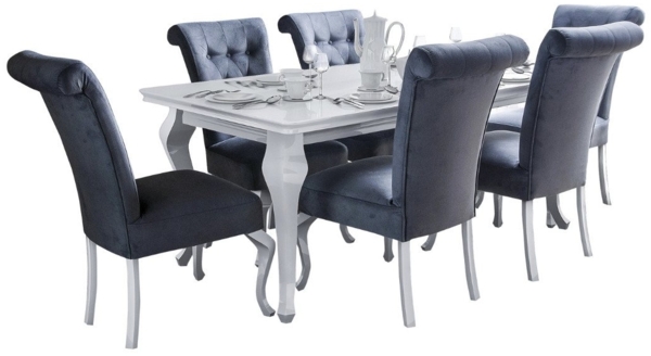 Deine Möbel 24 Essgruppe LUISE Tischgruppe Glamour Tisch mit 4 / 6 Stühlen Esszimmer, (Graphit Anthrazit Dunkelgrau Grau Beige Schwarz, 7-tlg, Wohnzimmer, Esstisch aus Massivholz), in Weiß hochglanz Stühle in Samt Velour 140x80x180 170x90x210 Bild 5