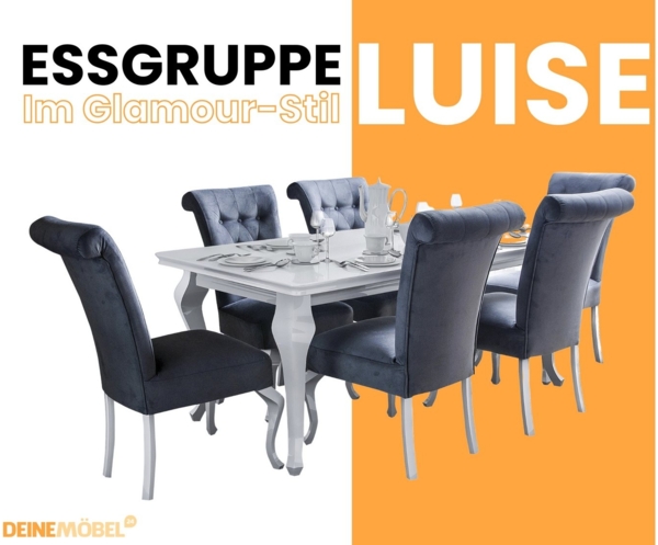 Deine Möbel 24 Essgruppe LUISE Tischgruppe Glamour Tisch mit 4 / 6 Stühlen Esszimmer, (Graphit Anthrazit Dunkelgrau Grau Beige Schwarz, 7-tlg, Wohnzimmer, Esstisch aus Massivholz), in Weiß hochglanz Stühle in Samt Velour 140x80x180 170x90x210 Bild 3