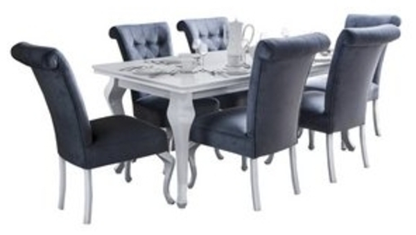 Deine Möbel 24 Essgruppe LUISE Tischgruppe Glamour Tisch mit 4 / 6 Stühlen Esszimmer, (Graphit Anthrazit Dunkelgrau Grau Beige Schwarz, 7-tlg, Wohnzimmer, Esstisch aus Massivholz), in Weiß hochglanz Stühle in Samt Velour 140x80x180 170x90x210 Bild 6