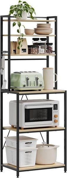 Woltu Küchenregal, 1-tlg, 6 Ablagen, 6 Haken, Metallrahmen, Ingenieurholz