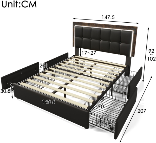 Merax Bettgestell mit LED-Beleuchtungsleiste und 4 Schubladen, Doppelbett Polsterbett 140x200cm, Höhenverstellbarem Kopfteil, Funktionsbett, PU Schwarz (Ohne Matratze) Bild 4