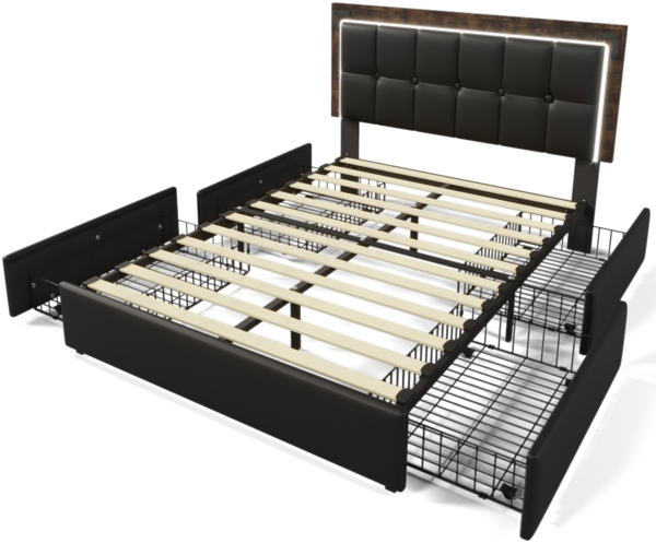 Merax Bettgestell mit LED-Beleuchtungsleiste und 4 Schubladen, Doppelbett Polsterbett 140x200cm, Höhenverstellbarem Kopfteil, Funktionsbett, PU Schwarz (Ohne Matratze) Bild 9