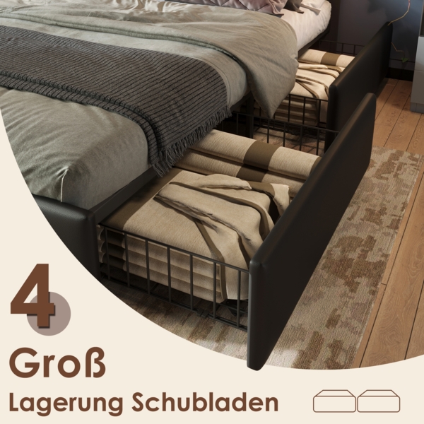 Merax Bettgestell mit LED-Beleuchtungsleiste und 4 Schubladen, Doppelbett Polsterbett 140x200cm, Höhenverstellbarem Kopfteil, Funktionsbett, PU Schwarz (Ohne Matratze) Bild 8
