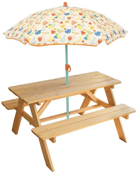 Fun House Picknicktisch aus Holz und Sonnenschirm, Motiv Früchte, für Kinder | Tisch: H 53 x B 95 x T 75 cm und Sonnenschirm: H 125 x Ø 100 cm | Max. Gewicht: 2x30 kg | Geschenk für Kinder