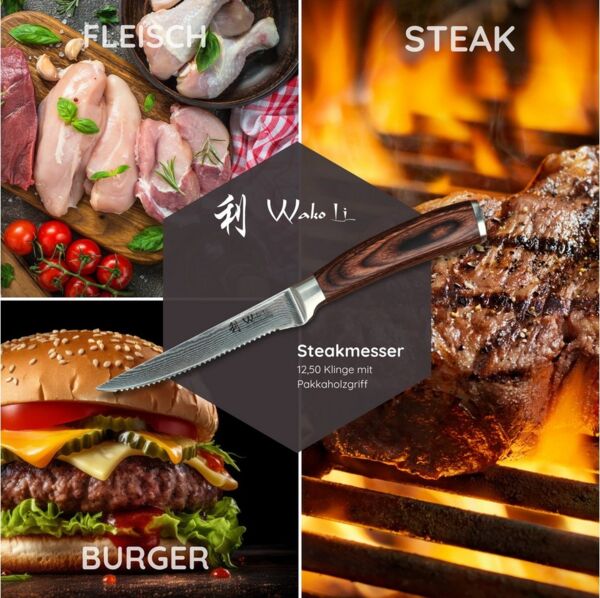 Wakoli Steakmesser EDIB 4er Set Damast Steakmesser 12,5 cm Klingen Geschenk-Holzbox