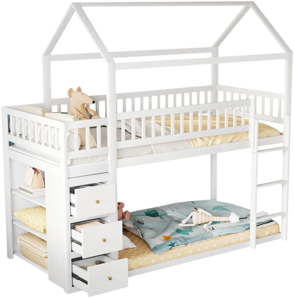 Etagenbett mit Lattenrost, Regal und Schubladen, 90x200 cm, Kinderbett mit Rausfallschutz, Hausbett, Jugendbett, Kiefer