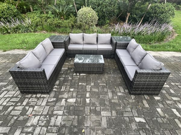 Fimous 9-Sitzer Lounge Sofa Set Wicker PE Rattan Gartenmöbel Set mit Länglichem Couchtisch 2 Beistelltische Dunkelgrau Gemischt