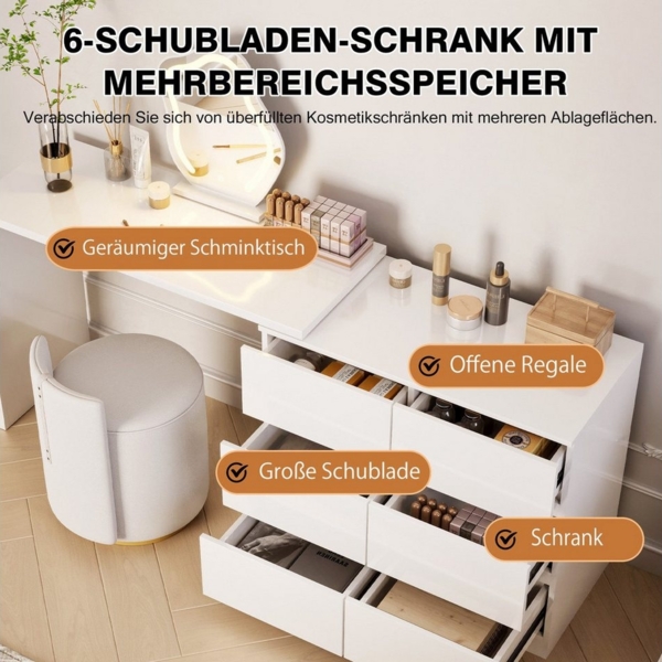 TWSOUL Schminktisch Drehbarer Schminktisch mit 6 Schubladen in Weiß, Multifunktionaler Schmink- und Arbeitstisch für Schlafzimmer oder Büro Bild 3