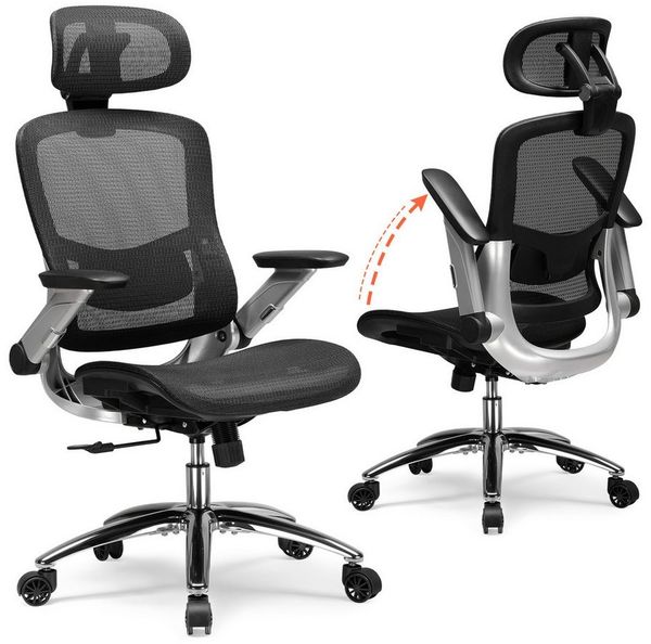 COMHOMA Bürostuhl, ergonomischer schreibtischstuhl mit Mesh, 2D-Kopfstütze, 4D-Armlehnen, Hohe Rückenlehne mit Wipp- & Feststell (90-125°), extra breite Sitzfläche, Belastbarkeit 180 kg, Schwarz