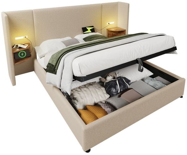 REDOM Polsterbett Hydraulisches Funktionsbett (Struraumbett, Doppelbett, Funktionsbett, 1-tlg, 180×200cm, ohne Matratze), mit Nachttisch, Leselampe und USB Type-C Ladefunktion