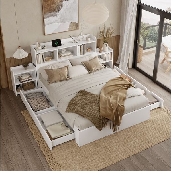 Flieks Kinderbett, Doppelbett 140x200cm mit 4 Schubladen, Ladefunktion und 2 Nachttischen