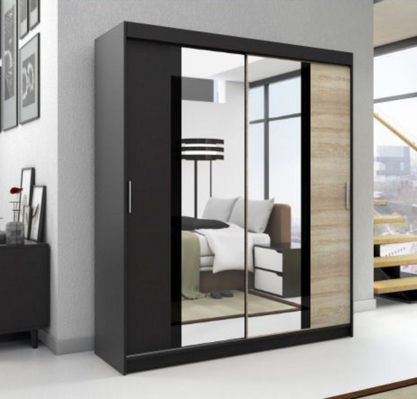 Schwebetürenschrank BRANI 2-türig Schrank 160 cm (mit Spiegel) Farbe: Schwarz , sonoma