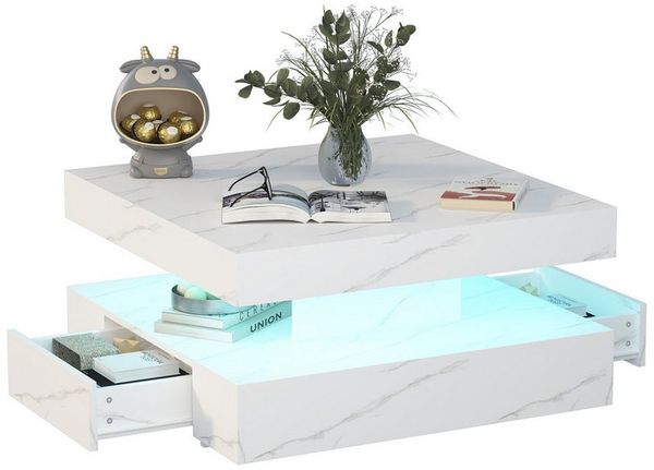 radelldar Couchtisch mit LED-Beleuchtung, 2 Schubladen und verdecktem Stauraum (1-St), Wohnzimmertisch matt 78x78x40 cm