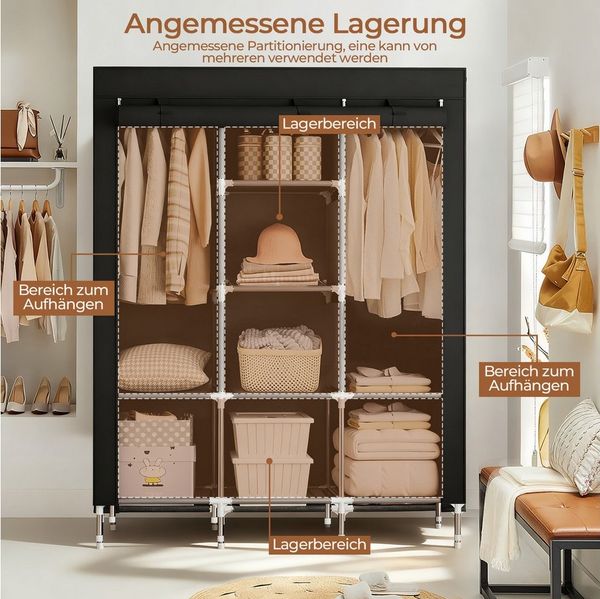 PFCTART Stoffschrank Faltbarer Stoff-Kleiderschrank mit Reißverschluss, 130×170 cm (Set, 1-St, Ideal für Schlafzimmer, Gästezimmer & temporäre Aufbewahrung) Leicht, stabil & staubgeschützt – Vlies-Gewebe mit Stahlrohr