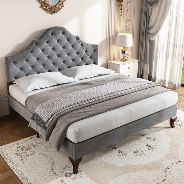 Polsterbett 140×200 cm aus Samt-Stoff mit Lattenrost, grau