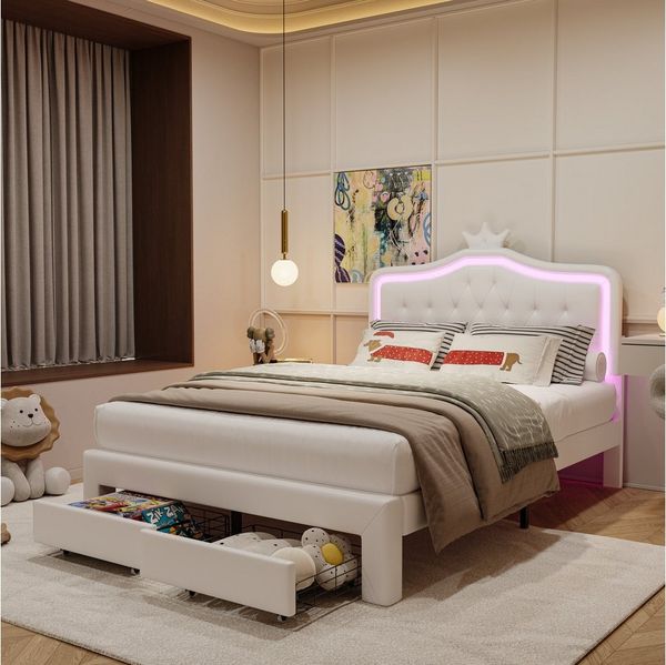 PXloue Polsterbett Kinderbett mit niedlichem Kopfteil und praktischer Schublade (Kopfteil hochstellbar), Modernes Design mit viel Stauraum für das Kinderzimmer 90x200