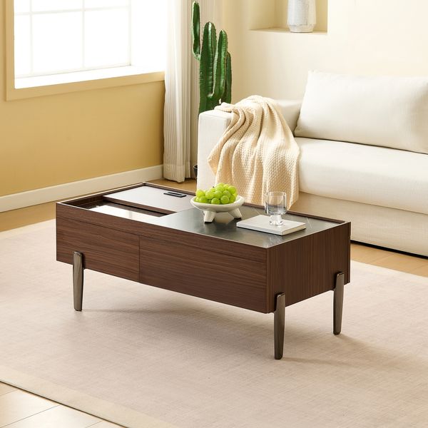 Couchtisch 105x50x41,5 cm mit Schubladen & Glasplatte, MDF dunkelbraun, silbergraue Metalllbeine,Dunkelbraun und dunkles Marmormuster