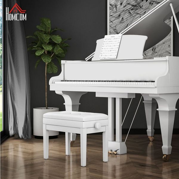 HOMCOM Klavierbank mit Stauraum, Holzbeine (Klavierhocker, 1-St, Höhenverstellbar Sitzbank), für Musikzimmer, belastbar bis 200 kg, Weiß