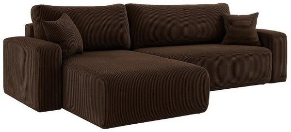 M-Punkt24 Ecksofa LYON, mit Bettfunktion – Feiner Cord Stoff – HR Schaum RG30 – Rundes Design – Universell rechts & links stellbar