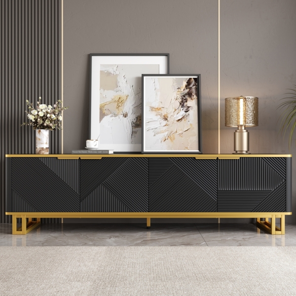 Merax 160cm TV-Schrank mit vier Türen, TV-Ständer, TV-Paneel, niedriger TV-Ständer, geometrische Textur, Schwarz