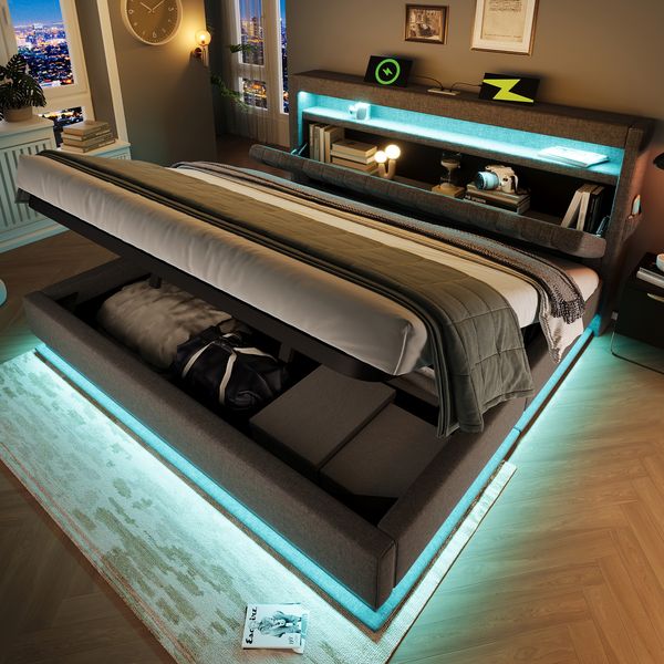 Polsterbett 180×200 cm mit Bettkasten, LED, USB/Typ-C und Stauraum-Kopfteil, Grau, ohne Matratze