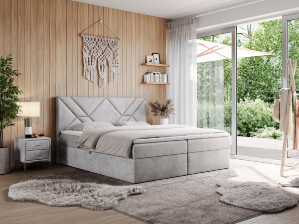 Boxspringbett, Polsterbett mit Multipocket-Matratzen und Topper, dekorativem Kopfteil, zwei Bettkästen - NEOMI - 200 x 200 cm - Hellgrau Velours - H3