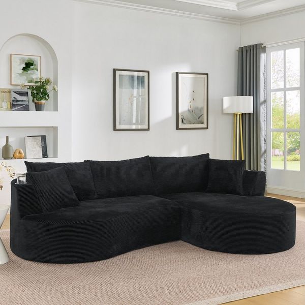OKWISH Sofa Inkl. Getränkehalter & Kissen, vakuumverpackt, für Wohnzimmer, Bogenförmiges Design, weicher Cordstoff in schwarz 1 Teile, 3-Sitzer Kompressionssofa mit rechte Chaiselongue