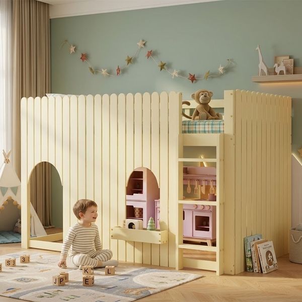 Novelux Hochbett 90x200 mit LED, gerader Leiter und Ablagefach – Kinderhochbett aus Kiefer/MDF in Natur, mit Rausfallschutz, Fensterdesign, ohne Matratze
