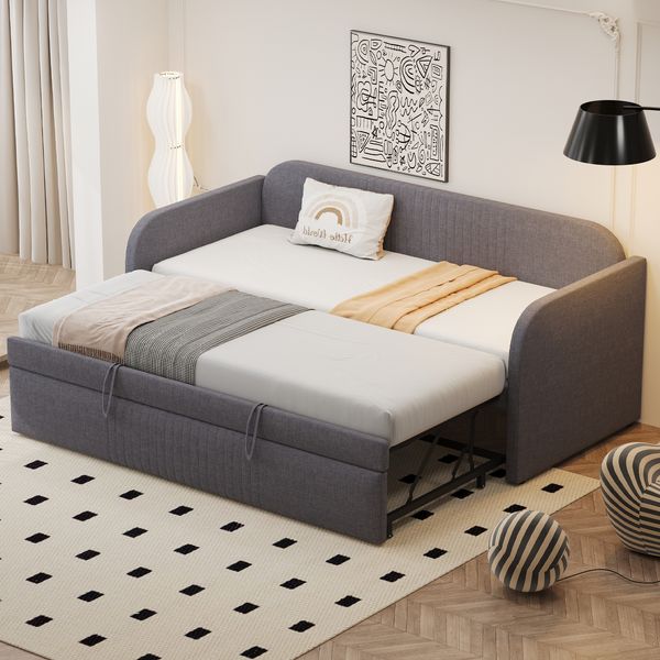 Polsterbett Ausziehbares Schlafsofa 90/180*190 cm, mit vertikalen Streifen, mit Lattenrost, Multifunktionsbett, komfortabler und atmungsaktiver Leinenstoff, Grau (Matratze nicht enthalten)