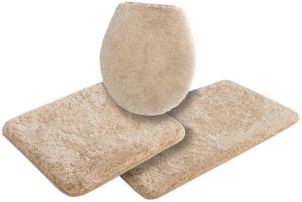 Grund Badematte Melos, Badvorleger, Badezimmer Teppich, sehr weich, Höhe 27 mm, rutschhemmend beschichtet, fußbodenheizungsgeeignet, Kunstfaser, rechteckig, 3-tlg. Hänge-WC Set, melierte Optik, sehr weicher Flor, Melange-Effekt, Made in Europe