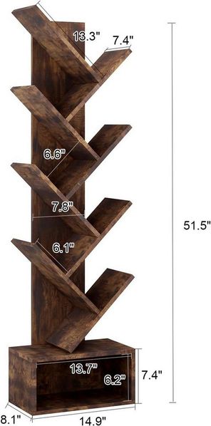 GarveeMore Bücherregal 8-stöckiges hohes aus Holz,Baum-Bücherregal mit Stauraum, Organizer-Regale für Wohnzimmer,Schlafzimmer,Home Office