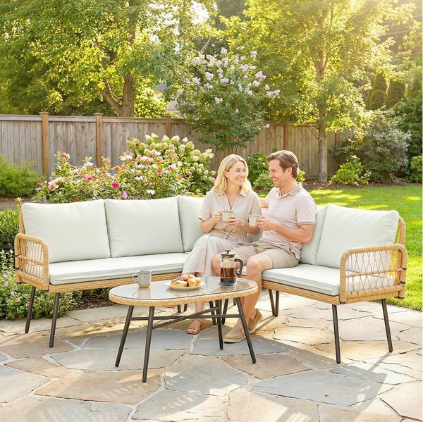 Outsunny Gartenlounge-Set mit Ecksofa, Zweisitzersofa, Glastisch, abnehmbar Kissen, (Lounge Set, 4-tlg, Gartenmöbel Set), für Garten Terrasse Balkon Cremeweiß