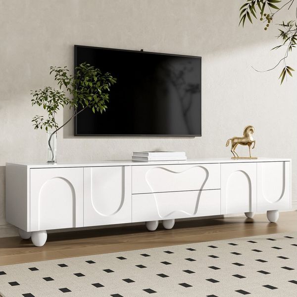 Merax Lowboard mit Holzbeinen (1 St), TV-Schrank mit 4 Türen, 2 Schubladen & reichlich Stauraum, 180 x 40 x 42 cm